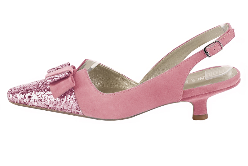Carnation pink women's open back shoes, with a knot. Tapered toe. Low spool heels. Profile view - Florence KOOIJMAN
